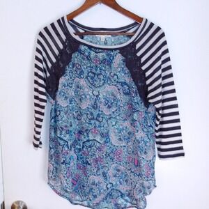 Love Fire Paisley Print Top Striped Sleeve Lace Detail Blouse Casual Sz M /#6182